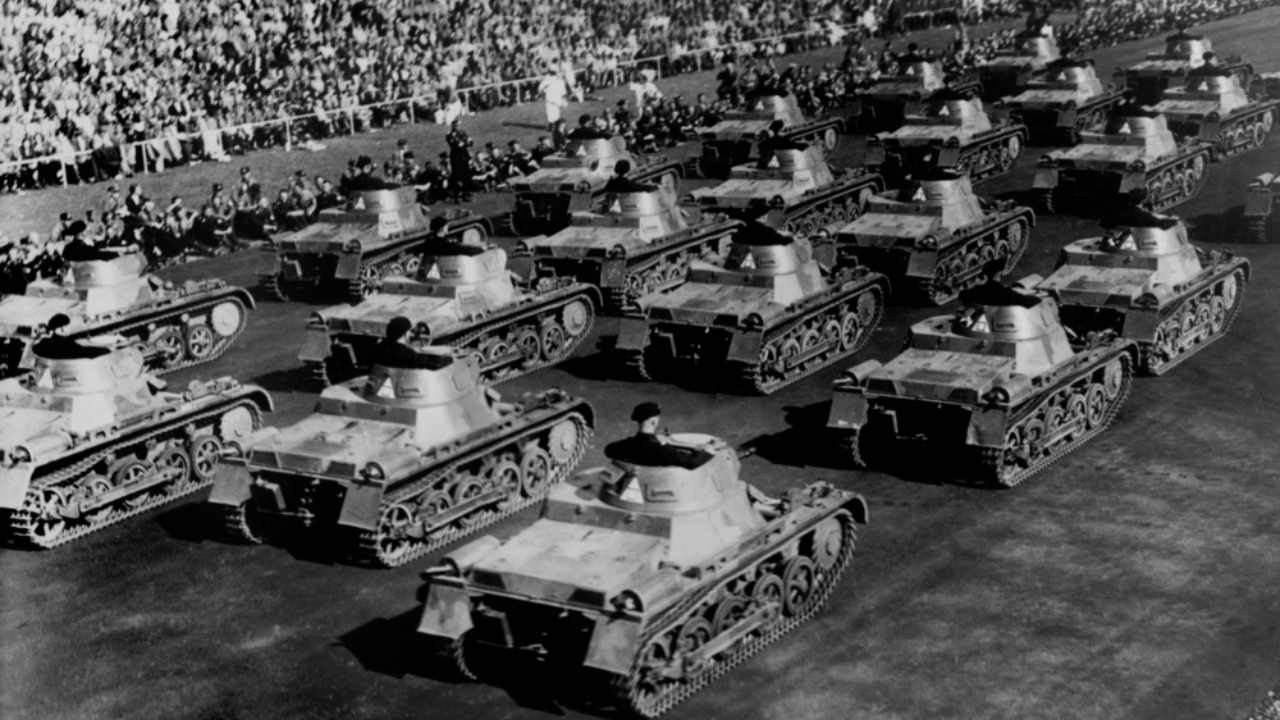 Tanks on parade during 1935 Erntedankfest, the traditional German thanksgiving. Nazi Germany rearmed in the 1930s, exceeding limitations placed by the Treaty of Versailles.
