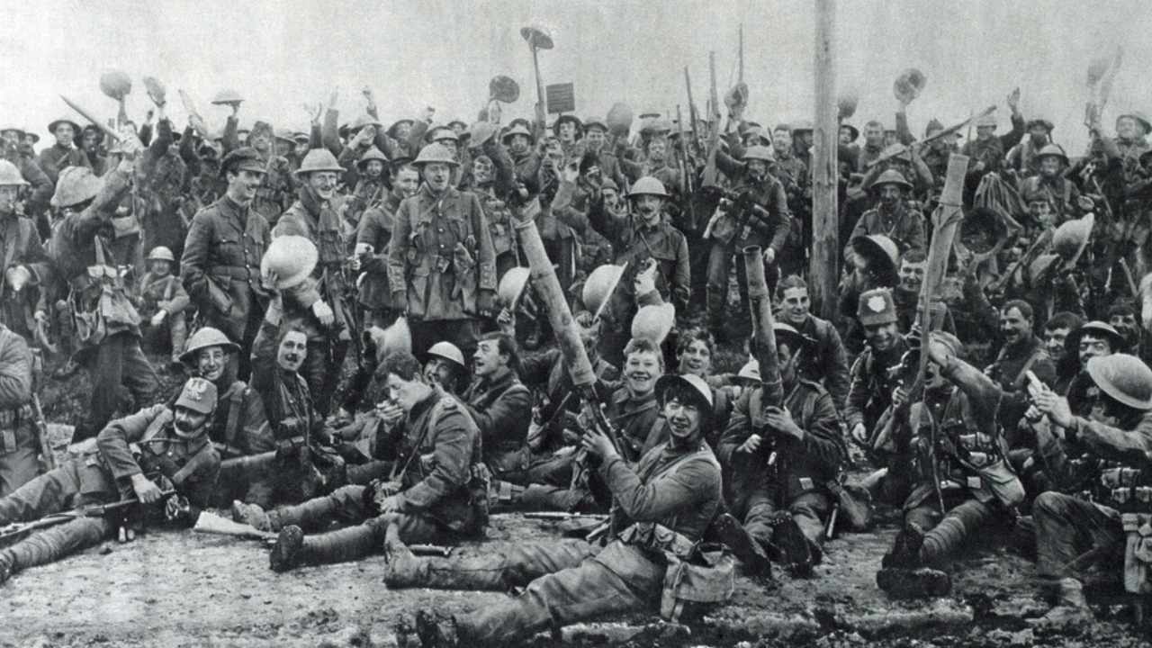 World War 1. British soldiers celebrating their capture of German trenches at St. Eloi, near Ypres, Belgium. A massive 95,600 pound mine placed in a tunnel under the enemy trenches aided their success