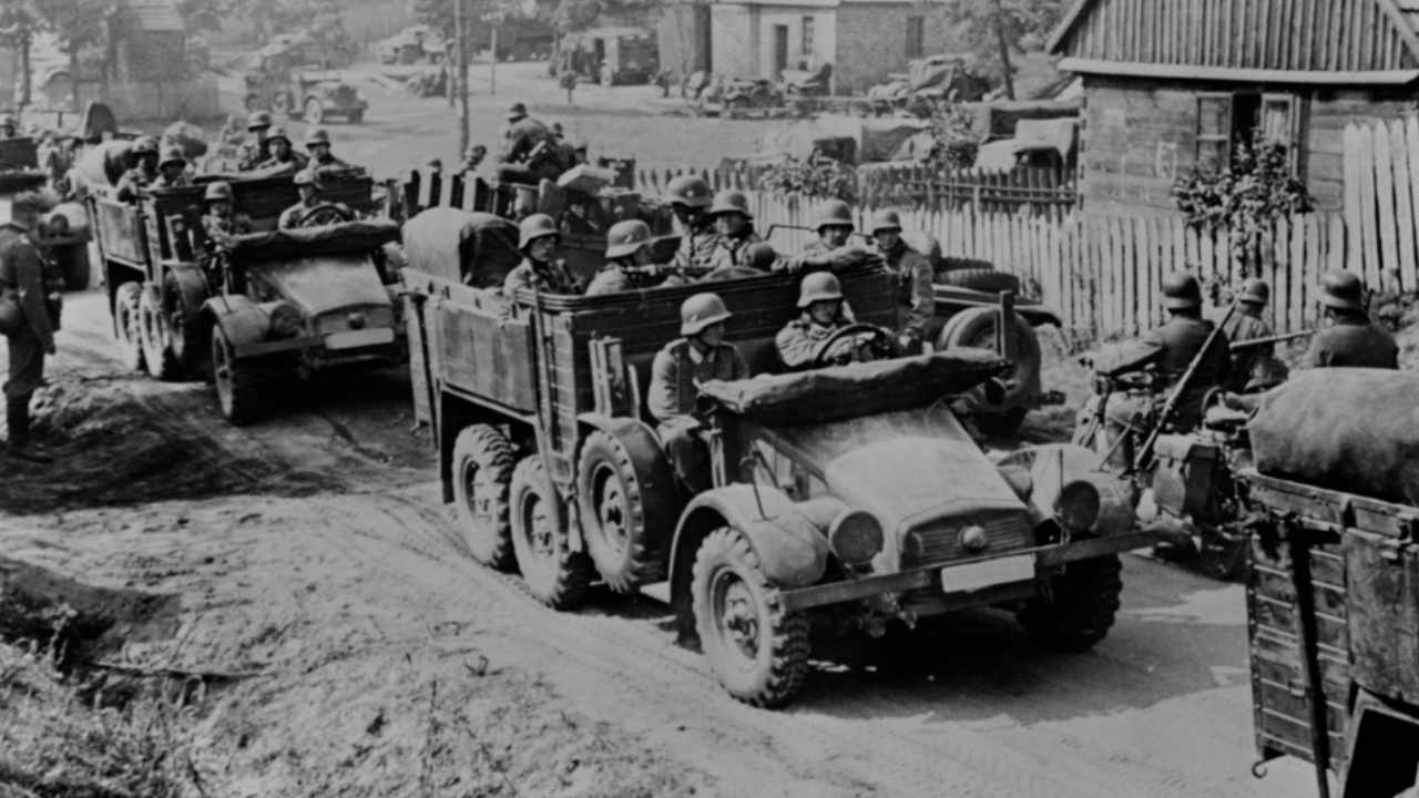 German soldiers invade Poland in armored and motorized divisions in Sept. 1939. It was the beginning of World War 2. in Europe.