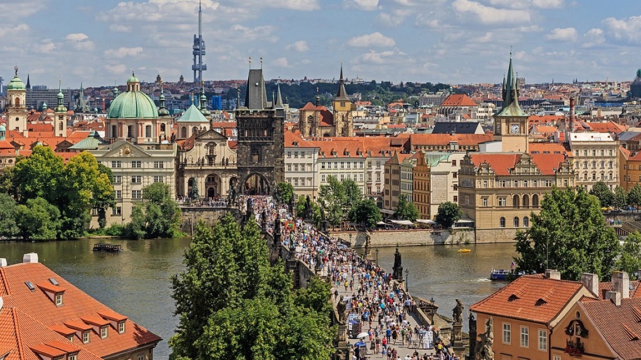 Lesser Town tower of Charles Bridge in Prague Czech Republic